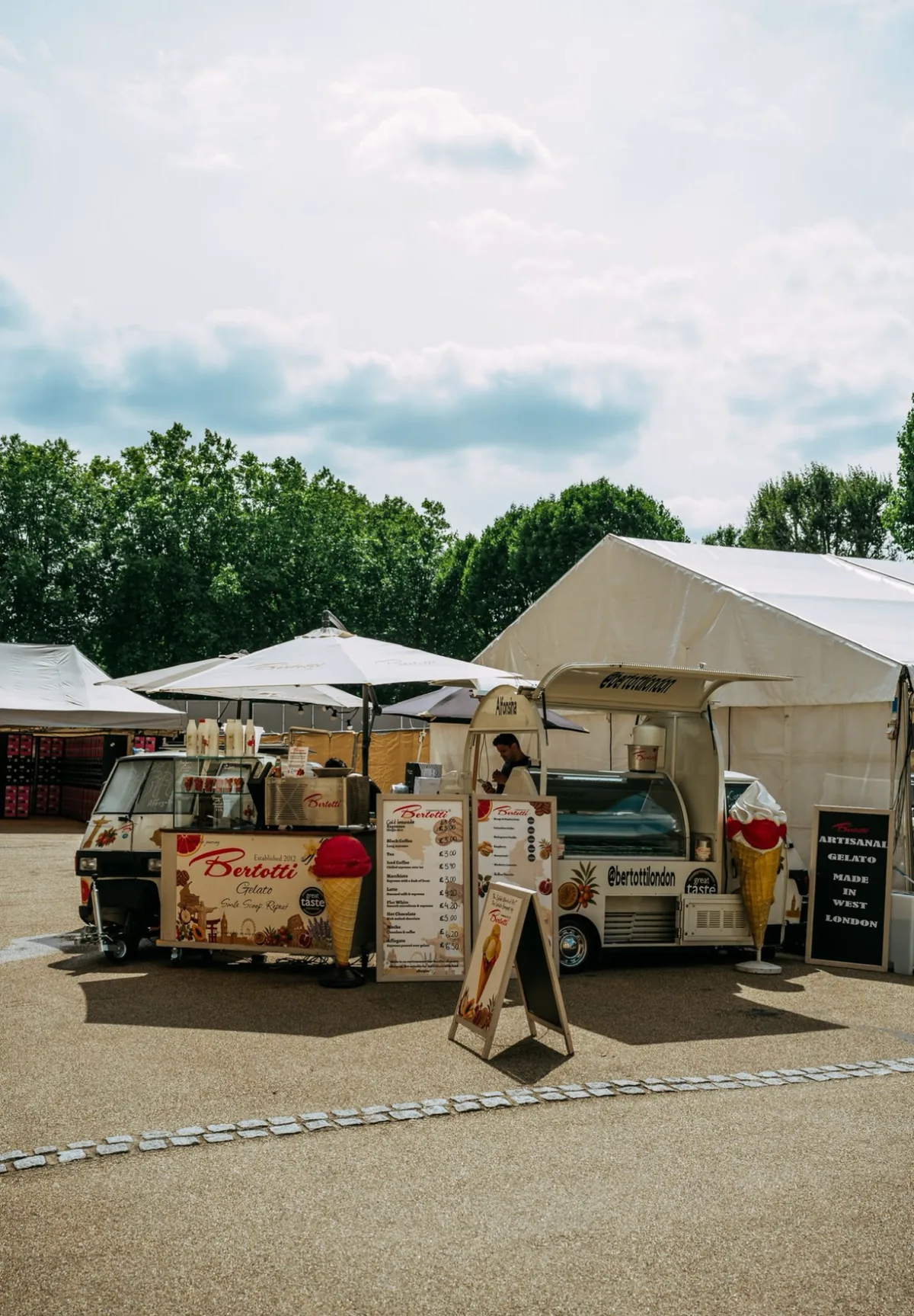 Bertotti Piaggio Ape gelato cart and branded van set up at a London festival
