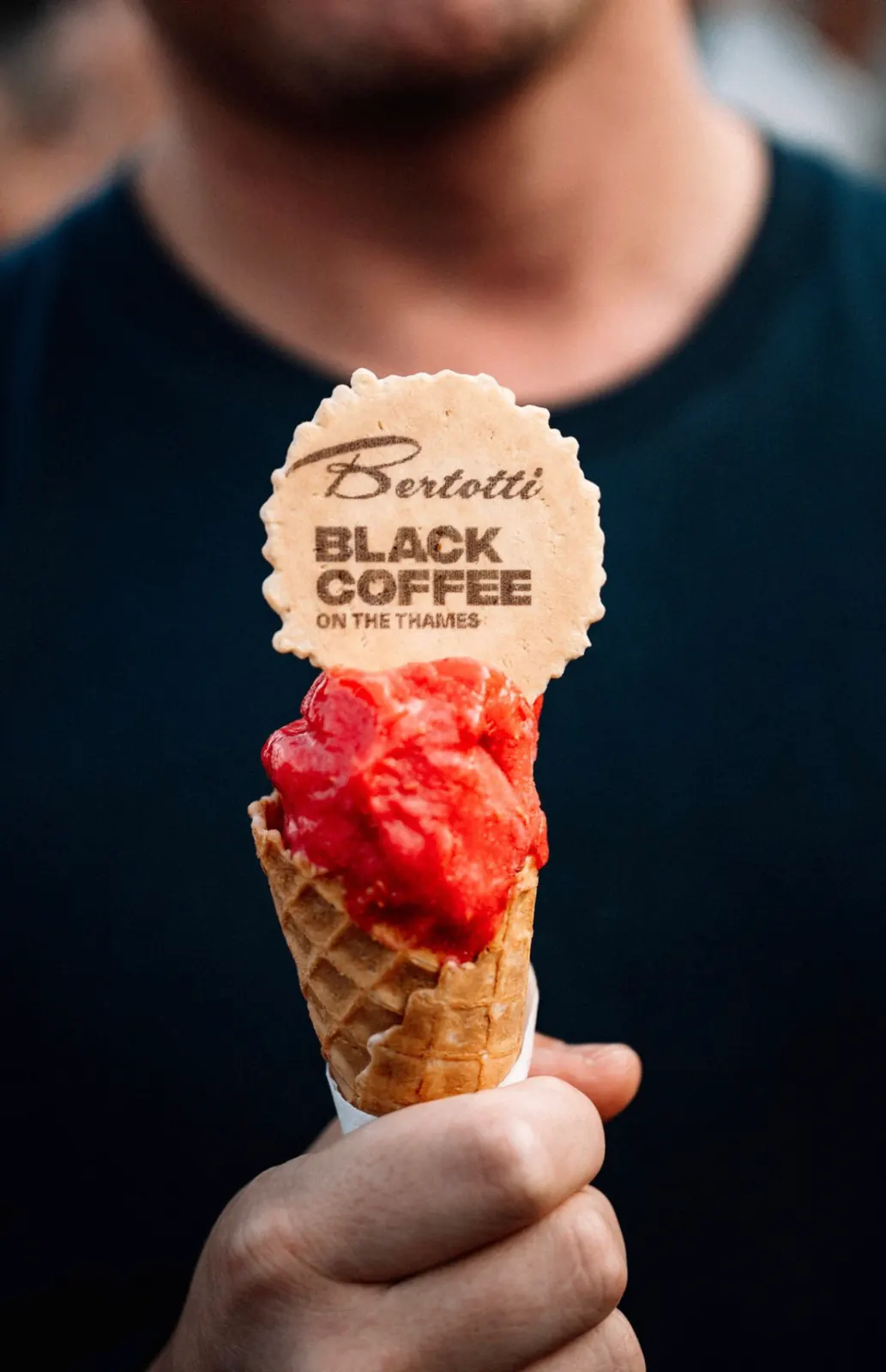 Bertotti Black Coffee branded gelato cone at London event