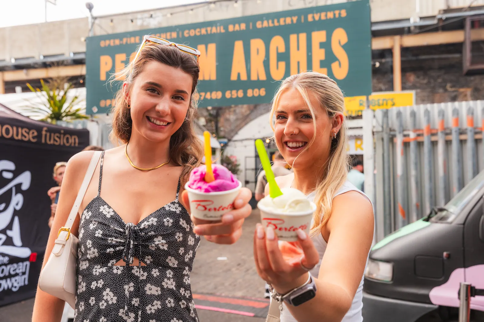 Friends enjoying Bertotti gelato at a Peckham event