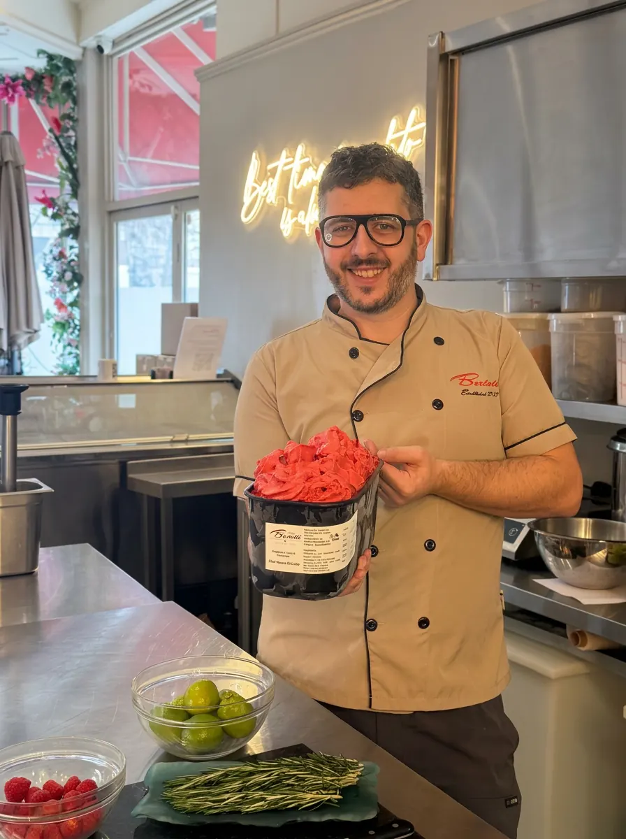 Chef Marco Di Lieto's raspberry and rosemary sorbet collaboration with Bertotti