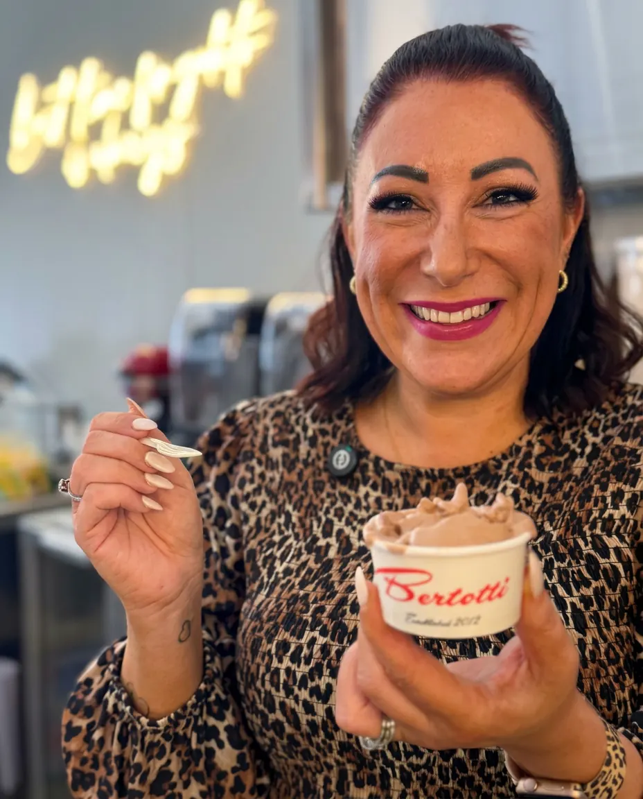 Suzy Pelta's famous chocolate and peanut butter cake with Bertotti gelato